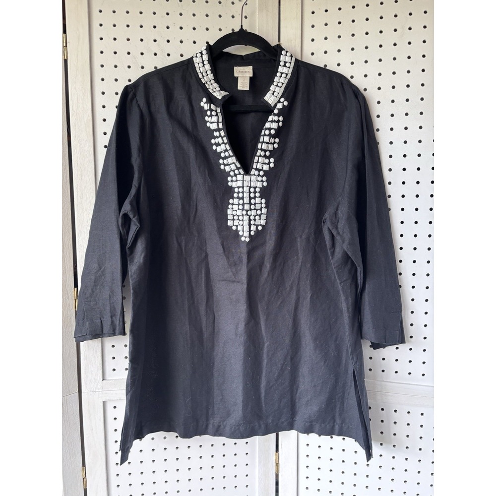 Chicos Women's 2 / LG Black Tunic Linen Cotton Beaded V Neck Shirt Blouse 3/4slv